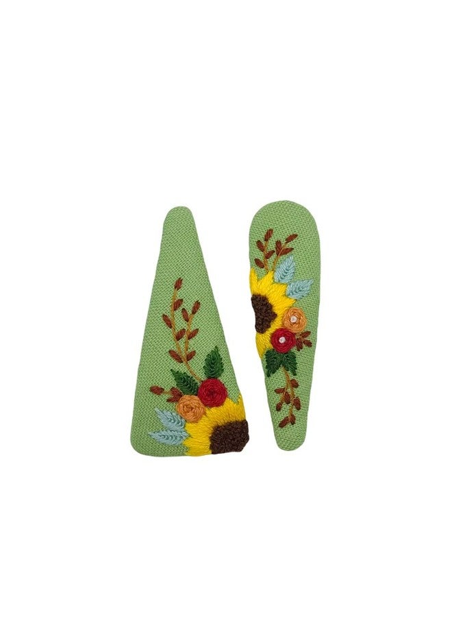 ETA Handmade Embroidered Hair Clips - Green Fabric Snap Barrettes with Sunflower & Floral Design (2-Pack), Vintage Hair Accessories for Women & Girls, Unique Gift for Everyday & Special Occasions, HC16 - Image 1
