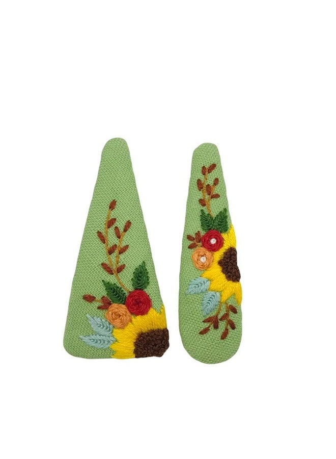ETA Handmade Embroidered Hair Clips - Green Fabric Snap Barrettes with Sunflower & Floral Design (2-Pack), Vintage Hair Accessories for Women & Girls, Unique Gift for Everyday & Special Occasions, HC16 - Image 3