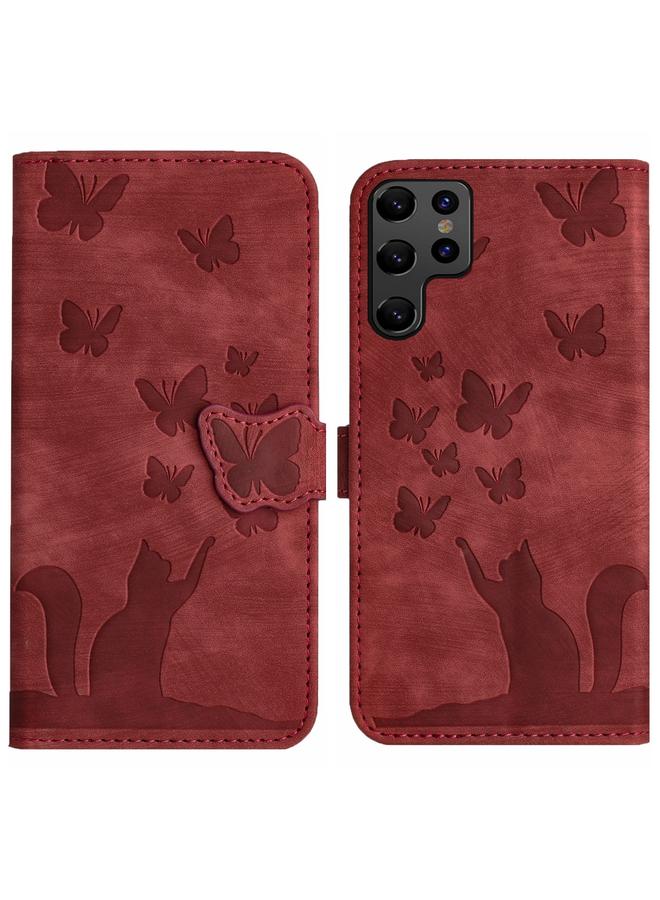 The Bros Case For Samsung Galaxy S22 Ultra 5G Butterfly Cat Embossing Flip Leather Phone Case