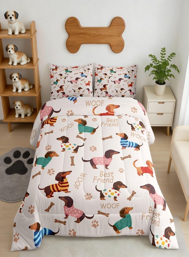 Man Fei Manfei Cute Dachshund Comforter Set for Kids Adults,Cartoon Puppy Long Body Bedding Comforter Sets Queen,Dog Footprint Bone Silhouette Quilt Comforter with 2 Pillowcases - Image 1