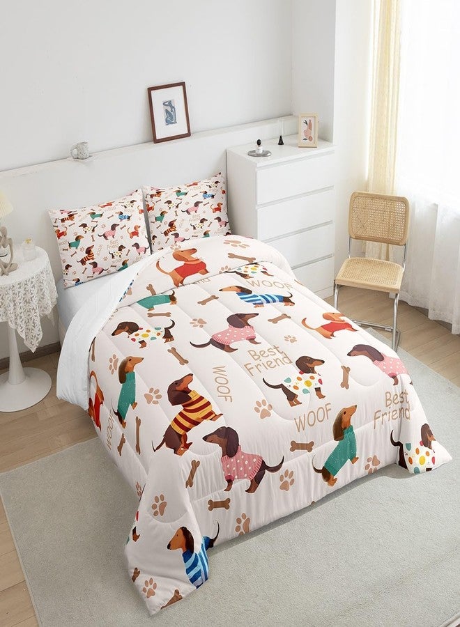 Man Fei Manfei Cute Dachshund Comforter Set for Kids Adults,Cartoon Puppy Long Body Bedding Comforter Sets Queen,Dog Footprint Bone Silhouette Quilt Comforter with 2 Pillowcases - Image 4