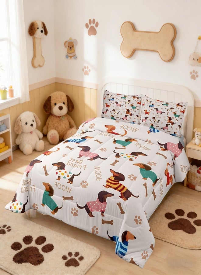 Man Fei Manfei Cute Dachshund Comforter Set for Kids Adults,Cartoon Puppy Long Body Bedding Comforter Sets Queen,Dog Footprint Bone Silhouette Quilt Comforter with 2 Pillowcases - Image 2