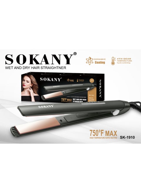 "Sokany SK-1910 Hair Straightener for Dry and Wet Use - 750°F Heat with 4 Control Levels - Ceramic Plates and Anti-Scald Design with an External Design that Protects the Scalp and Hands from Direct Heat During Styling. Black"