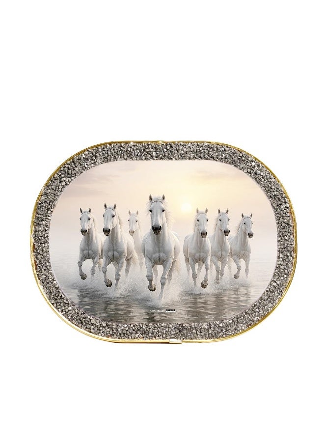 Studd Muffyn 7 White Running Horses Pyrite Plate Wall Décor with Gold Frame | Vastu 7 Horse Painting for Living Room & Office | Pyrite Crystal Wall Art for Home Entrance Decoration - Image 1