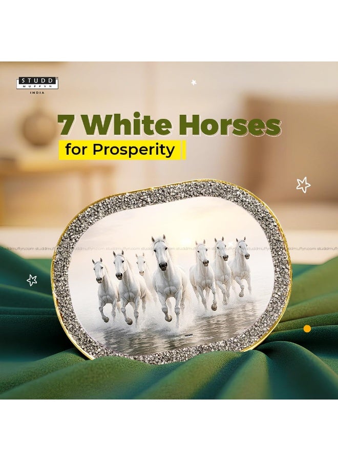 Studd Muffyn 7 White Running Horses Pyrite Plate Wall Décor with Gold Frame | Vastu 7 Horse Painting for Living Room & Office | Pyrite Crystal Wall Art for Home Entrance Decoration - Image 3