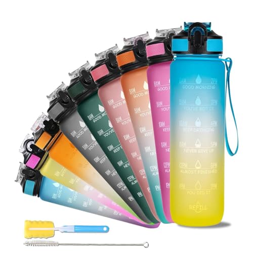 SOLARA Sipper Water Bottle for adults 1 Litre, Leakproof, BPA-Free & Durable Tritan, Water Bottle for Gym, Kids, School & Office, Motivational Time Marker, 1Ltr Sipper Bottle with straw, Yellow Blue - Image 1