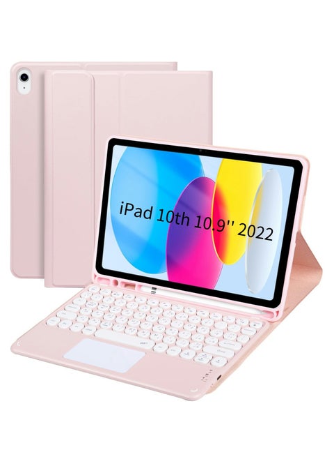 Compatible with iPad 10th 10.9 inch Generation 2022 Keyboard Case, with Arabic Intelligent Touch Trackpad Bluetooth Detachable Keyboard, Built in Pencil Holder-（Pink）