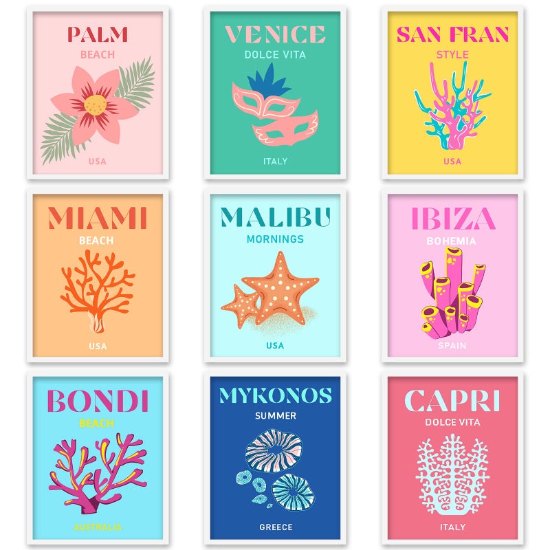 وولاين Whaline 9pcs Preppy Travel Wall Art يطبع ملون ملون جمالي بيري ديكور ديكور ملصقات الفن البسيطة للبنات في سن المراهقة نوم ملصقات غرفة النوم الكلية الوردي (غير مؤطر 10x12in) - Image 1