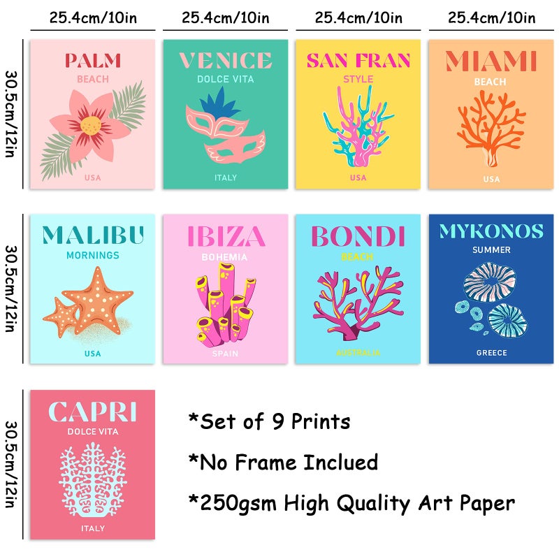 وولاين Whaline 9pcs Preppy Travel Wall Art يطبع ملون ملون جمالي بيري ديكور ديكور ملصقات الفن البسيطة للبنات في سن المراهقة نوم ملصقات غرفة النوم الكلية الوردي (غير مؤطر 10x12in) - Image 2