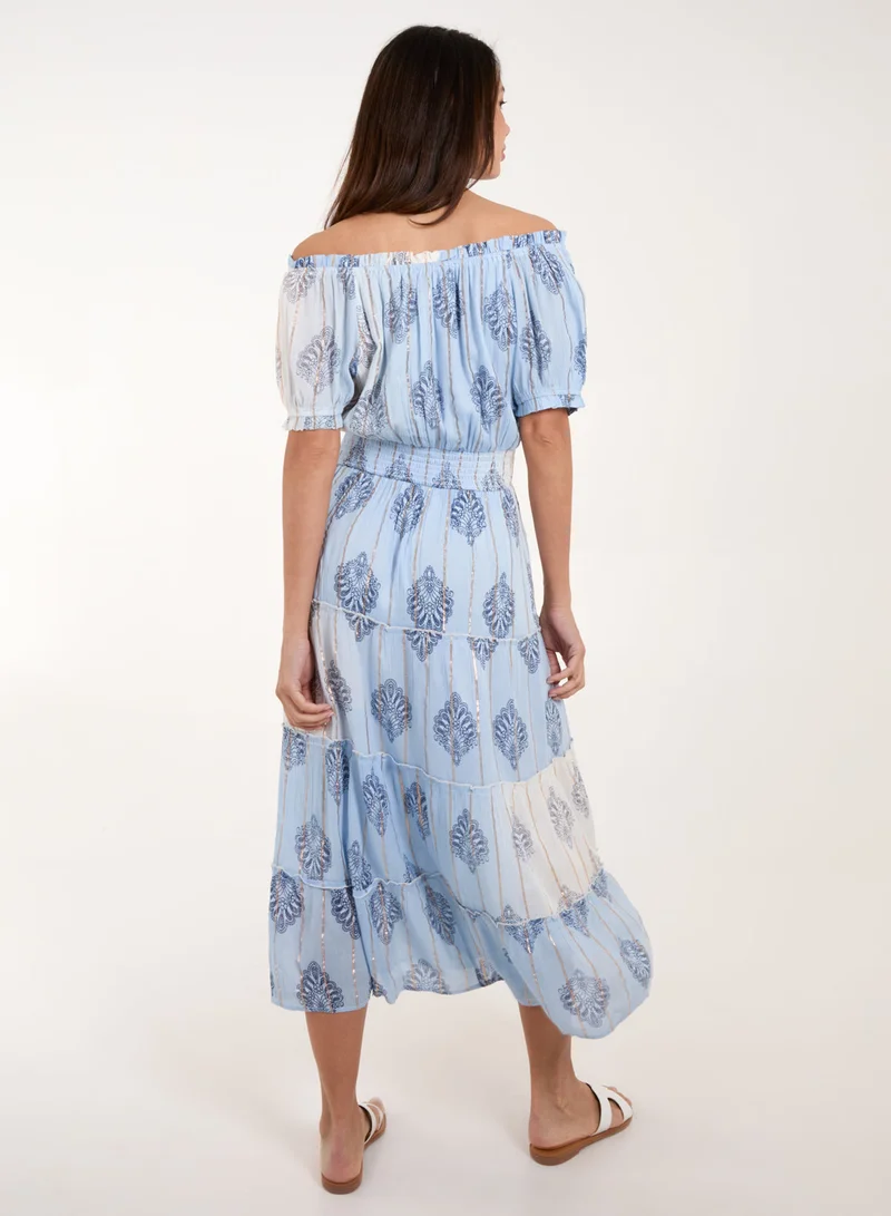 Blue Vanilla Printed Bardot Tassel Midi Dress
