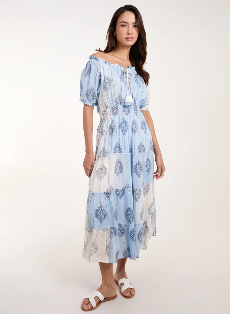 Blue Vanilla Printed Bardot Tassel Midi Dress