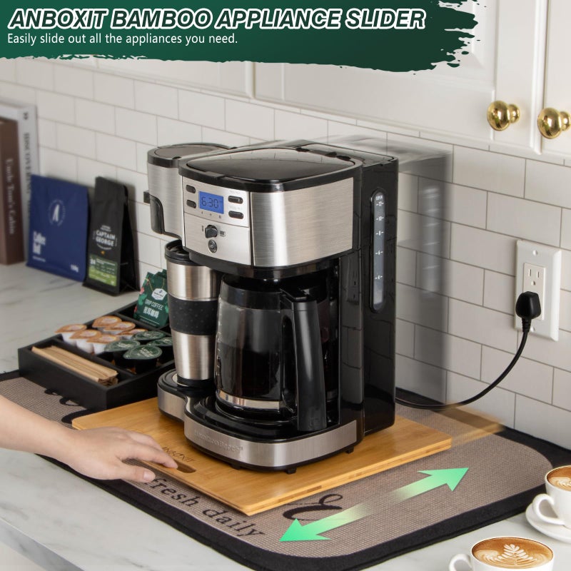 ANBOXIT Bamboo Appliance Slider, Sliding Tray for Coffee Maker, Kitchen Countertop Appliance Rolling Tray, Coffee Pot Slider Tray with Rubber Wheels, Wide - Medium (13"D x 14"W) - Image 2