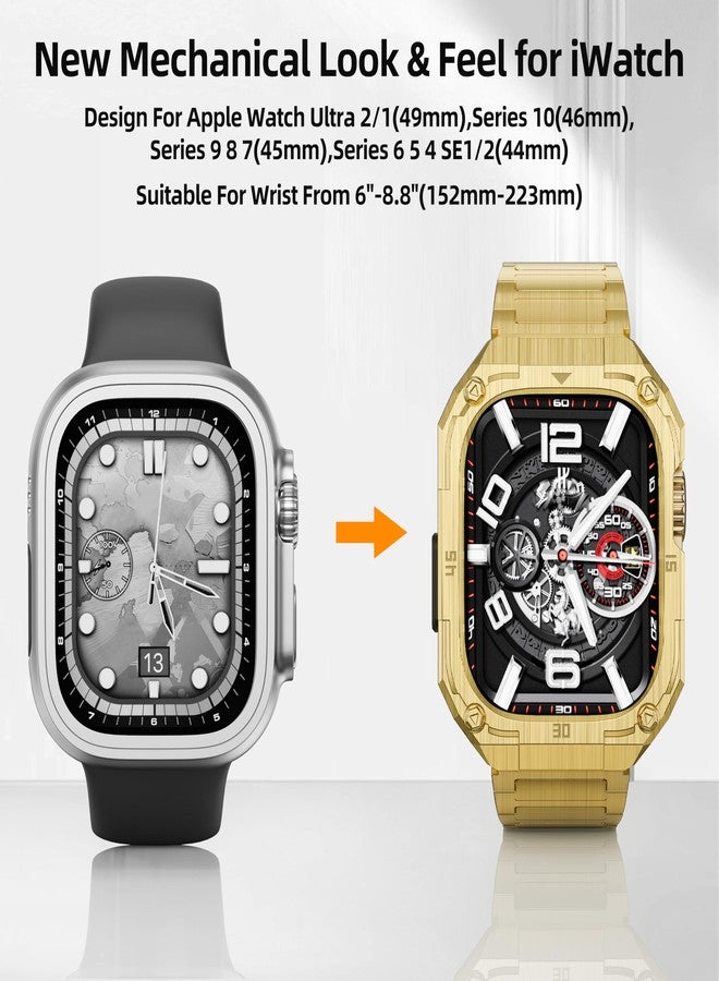 PanPinnacle Stainless Steel Case and Band Compatible for Apple Watch Ultra 2 Band/Apple Watch Band 49mm 45mm 44mm 42mm,Fomal Metal iWatch Ultra/Ultra 2 Case with Strap for Men Series 9 8 7 6 5 4 SE (Gold, 45mm - Image 4