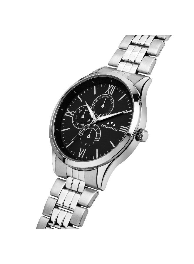 Chronostar Men's Black Round Analog Dial with Silver Stainless Steel Band Watch - 43mm - R3753319002 - Image 2