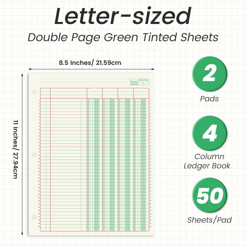 gisgfim 2 Pads 100 Sheets Columnar Analysis Pad 3 Hole Punch Accounting Ledger Book 8-1/2 x 11 Ledger Paper Pad Double Page Format Columnar Pads for Business Bookkeeping & Data(4 Column Ledger) - Image 2