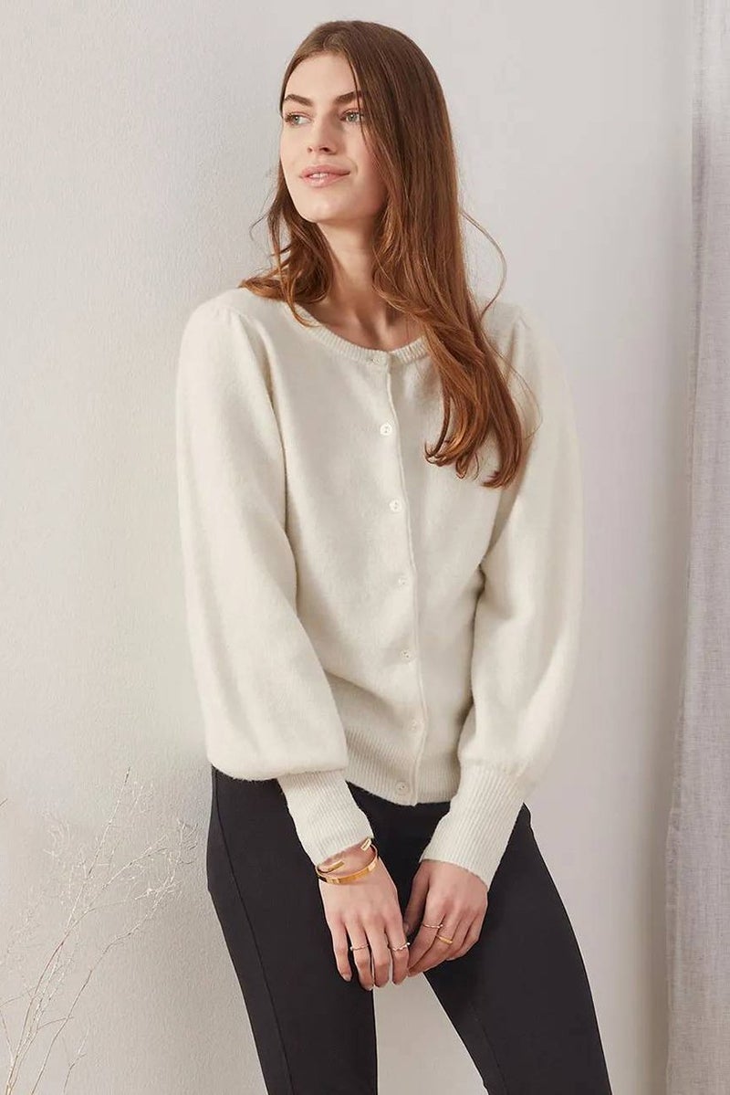 Tchibo Women Fine Knit Puff Sleeves Cardigan, Cream  - Image 1