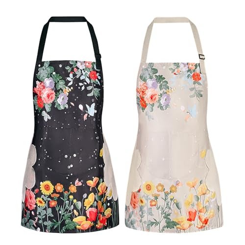 DILLMAN 2 Pack Floral Aprons with Pocket Blooming Womens Aprons Waterproof Adjustable Cooking Aprons for Kitchen Gardening and Salon 2Pack A - Image 1