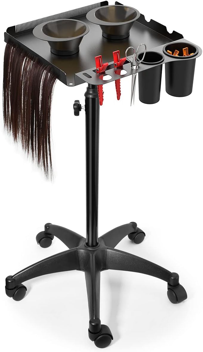 Salon Tray on Wheels with 2 Magnetic Bowls, Rolling Metal Aluminum Tray Cart Height Adjustable for Hair Stylist, Hair Extension Tool Tray, Tattoo Tray with Hair Stickless Wheels