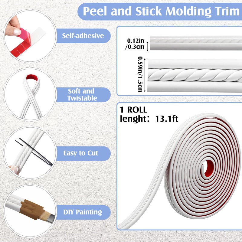 Maasechs Peel and Stick Molding Trim Flexible Molding Trim for Walls Self Adhesive Paintable DIY Wall Trims for DIY Mirror Frame Cabinet Edge Picture(Double Sided Twist,16.4 ft x 0.79 Inch,White) - Image 3