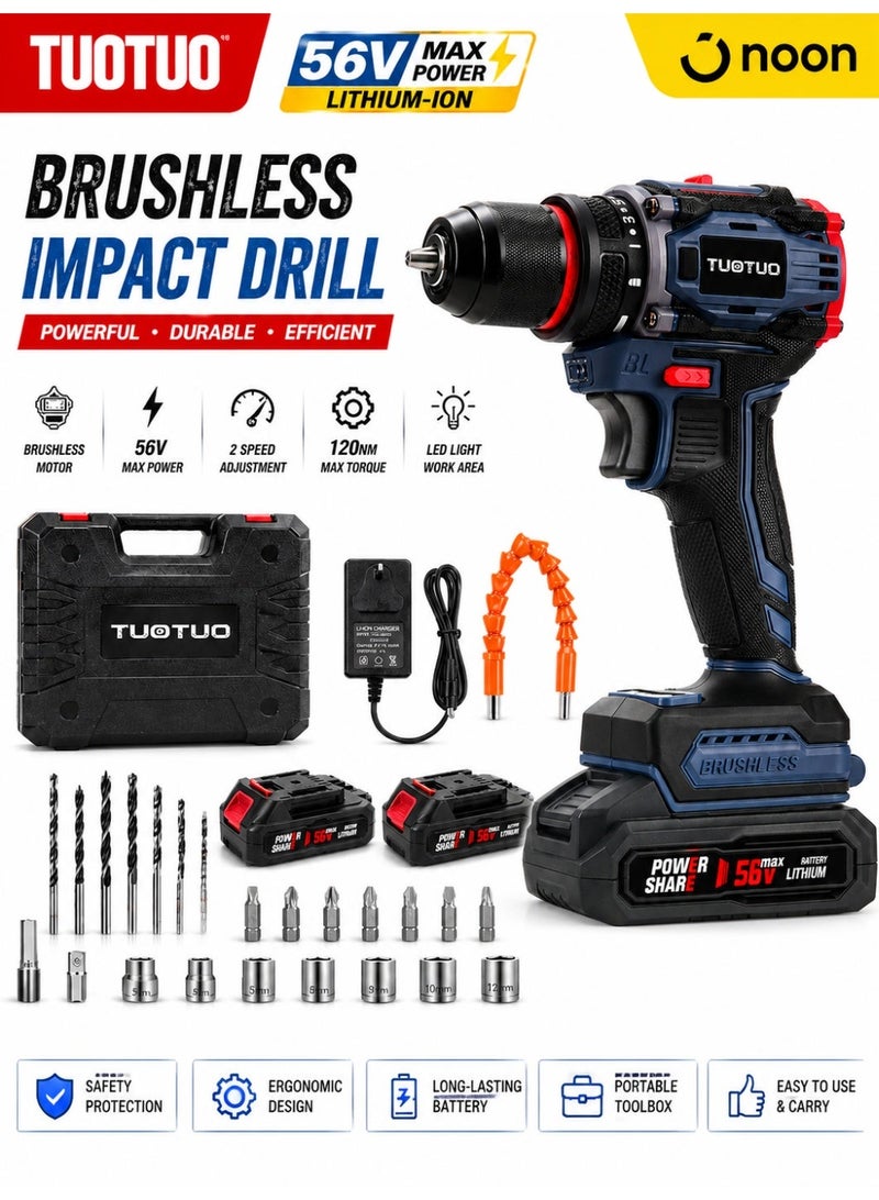TUOTUO Upgraded 58V cordless metal drill with two lithium-ion batteries and a fast charger, 3/8-inch drill bit set, 25+3 torque settings, 18-25 Nm torque, LED work light, variable speed drill bits, 280 lbs torque, 24 accessories + 2 batteries. - Image 1