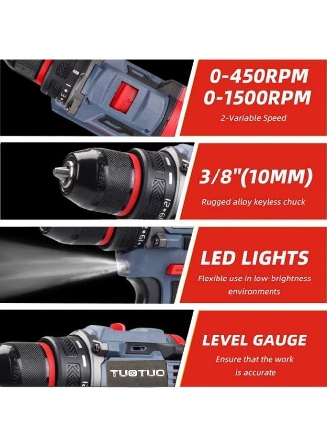 TUOTUO Upgraded 58V cordless metal drill with two lithium-ion batteries and a fast charger, 3/8-inch drill bit set, 25+3 torque settings, 18-25 Nm torque, LED work light, variable speed drill bits, 280 lbs torque, 24 accessories + 2 batteries. - Image 3
