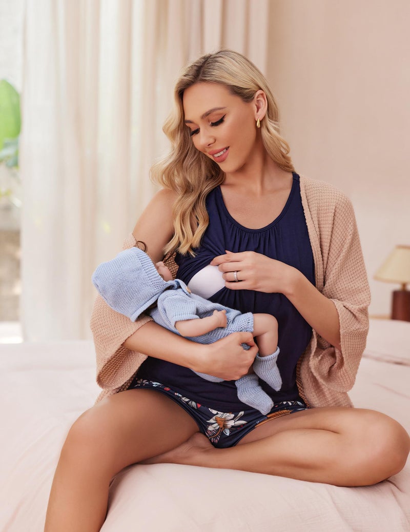 إكواير Sleeveless Maternity Women Top Nursing Pajamas Set Side Ruched Maternity Pj Set Nursing Pjs Set for Pregnant Wear Floral Navy Blue M - Image 3