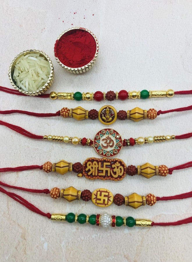 AROOMAN™ Handmade Desginer Rakhi, Rakhi Combo For Brother/Bhai With Roli Chawal, Multicolor,Pack_06 - Image 3