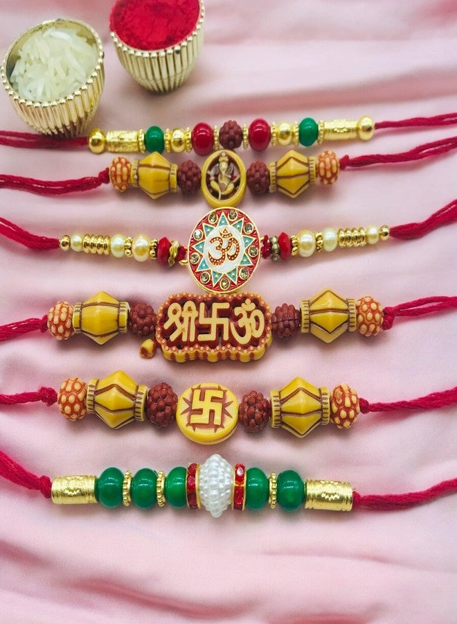 AROOMAN™ Handmade Desginer Rakhi, Rakhi Combo For Brother/Bhai With Roli Chawal, Multicolor,Pack_06 - Image 2