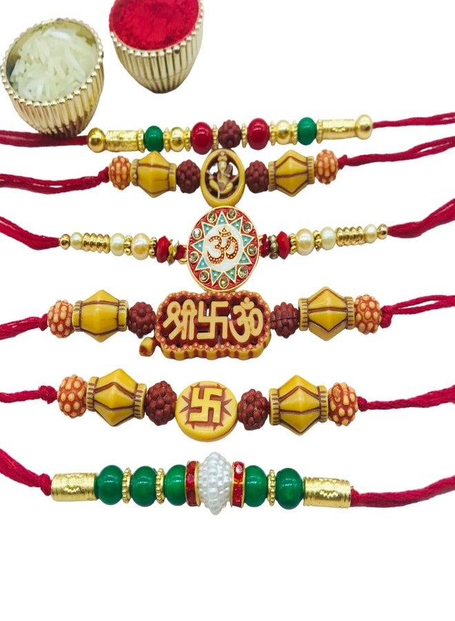 AROOMAN™ Handmade Desginer Rakhi, Rakhi Combo For Brother/Bhai With Roli Chawal, Multicolor,Pack_06 - Image 1