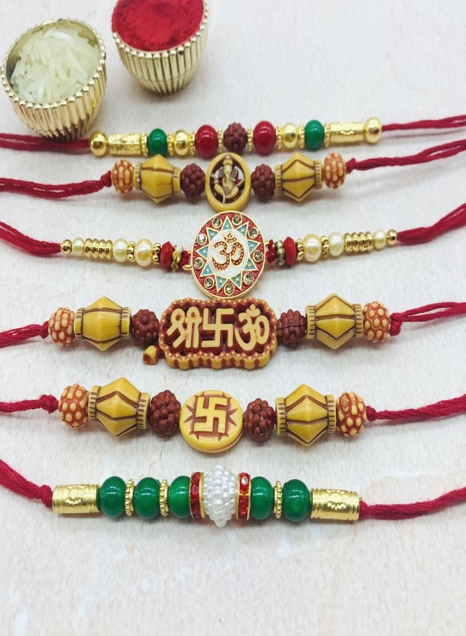 AROOMAN™ Handmade Desginer Rakhi, Rakhi Combo For Brother/Bhai With Roli Chawal, Multicolor,Pack_06 - Image 4