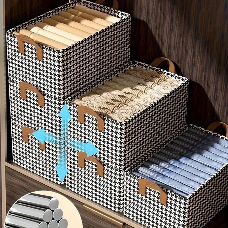 OTIPORTER Closet Clothes Organizer with Handle Fabric Storage Box with Steel Frame Stackable Shelf Storage Baskets Foldable Wardrobe Storage Box for Clothes Jeans Sarees Toys 402721CM PACK OF 1 - Image 2