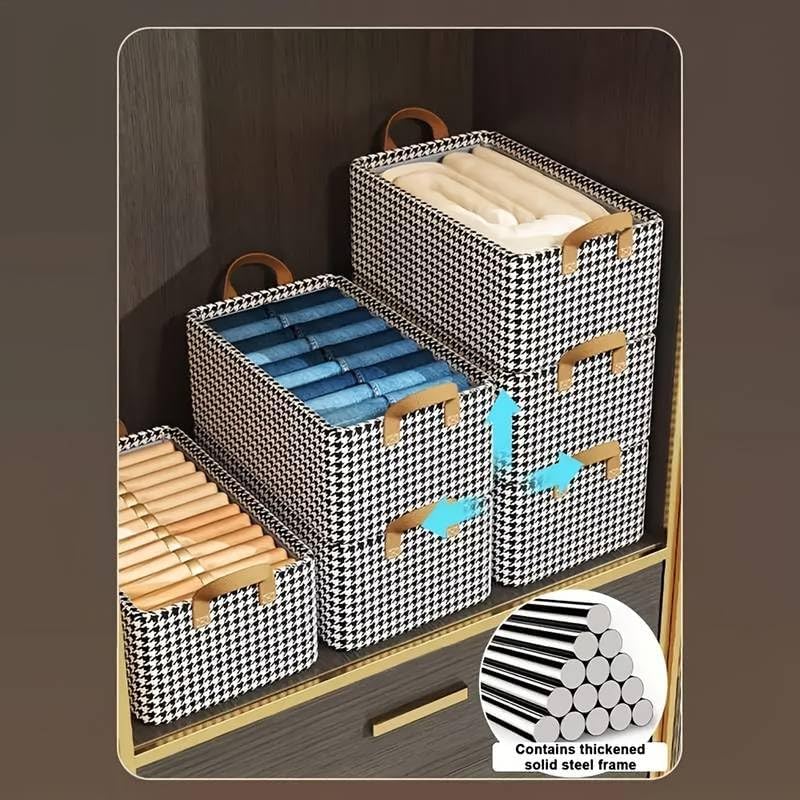 OTIPORTER Closet Clothes Organizer with Handle Fabric Storage Box with Steel Frame Stackable Shelf Storage Baskets Foldable Wardrobe Storage Box for Clothes Jeans Sarees Toys 402721CM PACK OF 1 - Image 5
