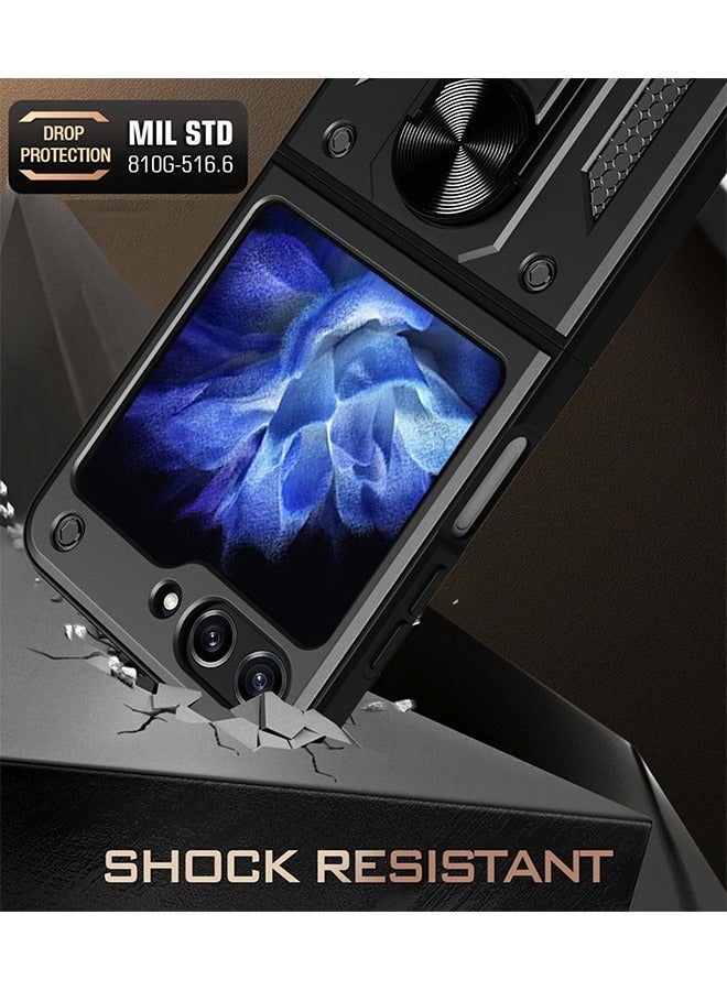 Samsung Galaxy Z Flip 5 Case with Built in Rotatable Magnetic Ring Holder Kickstand, Heavy Duty Shockproof Protective Armor Phone Cover for Women men, Black