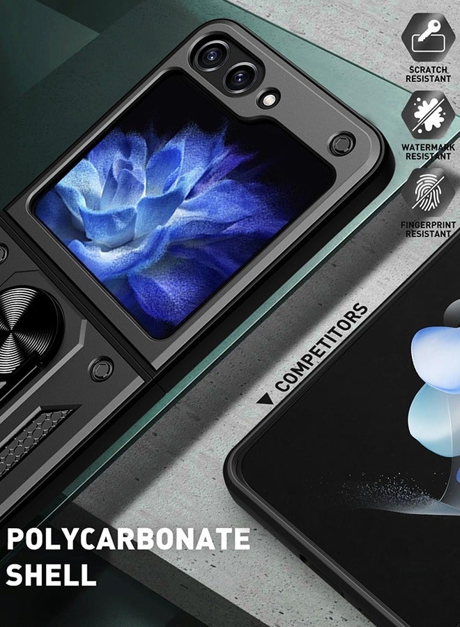 Samsung Galaxy Z Flip 5 Case with Built in Rotatable Magnetic Ring Holder Kickstand, Heavy Duty Shockproof Protective Armor Phone Cover for Women men, Black