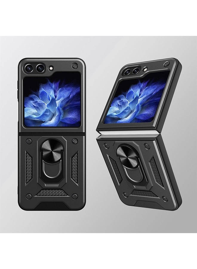 Samsung Galaxy Z Flip 5 Case with Built in Rotatable Magnetic Ring Holder Kickstand, Heavy Duty Shockproof Protective Armor Phone Cover for Women men, Black