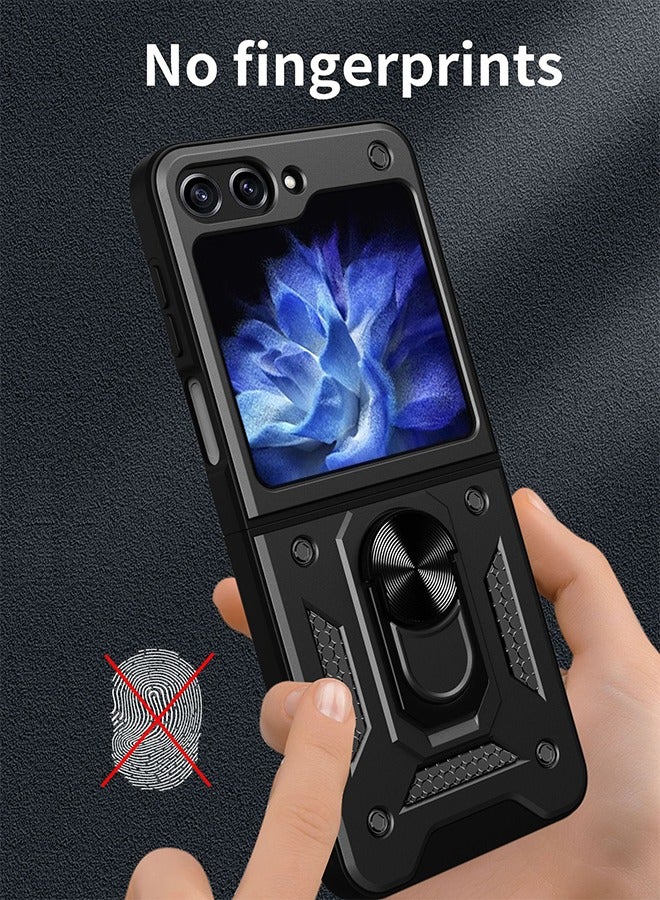Samsung Galaxy Z Flip 5 Case with Built in Rotatable Magnetic Ring Holder Kickstand, Heavy Duty Shockproof Protective Armor Phone Cover for Women men, Black