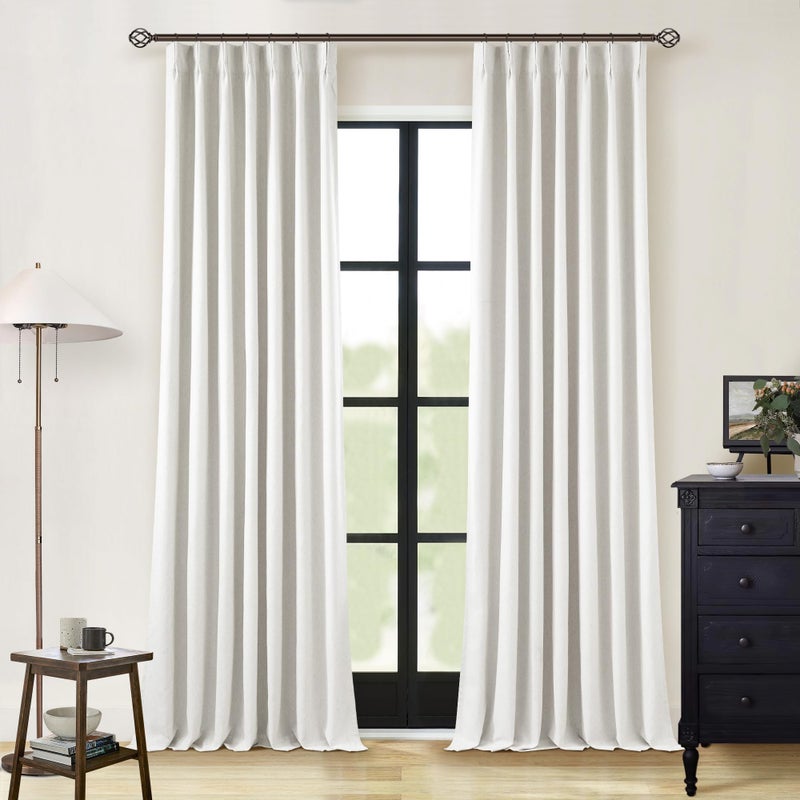 TWODRAPES Linen Blackout Curtains 108 Inch Long 2 Panels Pinch Pleated with Hooks Rings Curtains Noise Reducing Heavy Drapes Ceiling Floor Back Tab Boho Flax Linen Drapes for Living Room Office Bedroom 9 Ft - Image 1