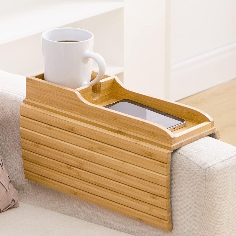 GEHE Couch Cup Holder, Anti Falling Couch Drink Holder, Natural Bamboo Sofa Cup Holder Armrest Tray, More Safe for You Family, Portable Couch Arm Tray Table for Remote/Snacks/Cellphone/Drinks/Cup - Image 1