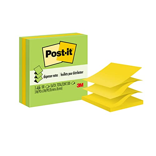 Post It Post-it Pop-up Notes, 3 Sticky Note Pads, 3 x 3 in., School Supplies, Office Products, Accordion Sticky Notes Work with Pop-Up Note Dispenser, Green and Yellow Colors - Image 1