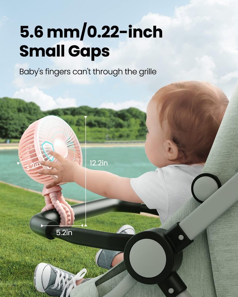 Gaiatop Baby Stroller Fan, 4000mAh Oscillating Mini Portable Fan with Light, 4 Speeds Battery Operated Small Handheld Desk Fan, 360Â° Rotate Flexible Tripod Clip On Fan for Car Seat Crib Travel Pink - Image 3