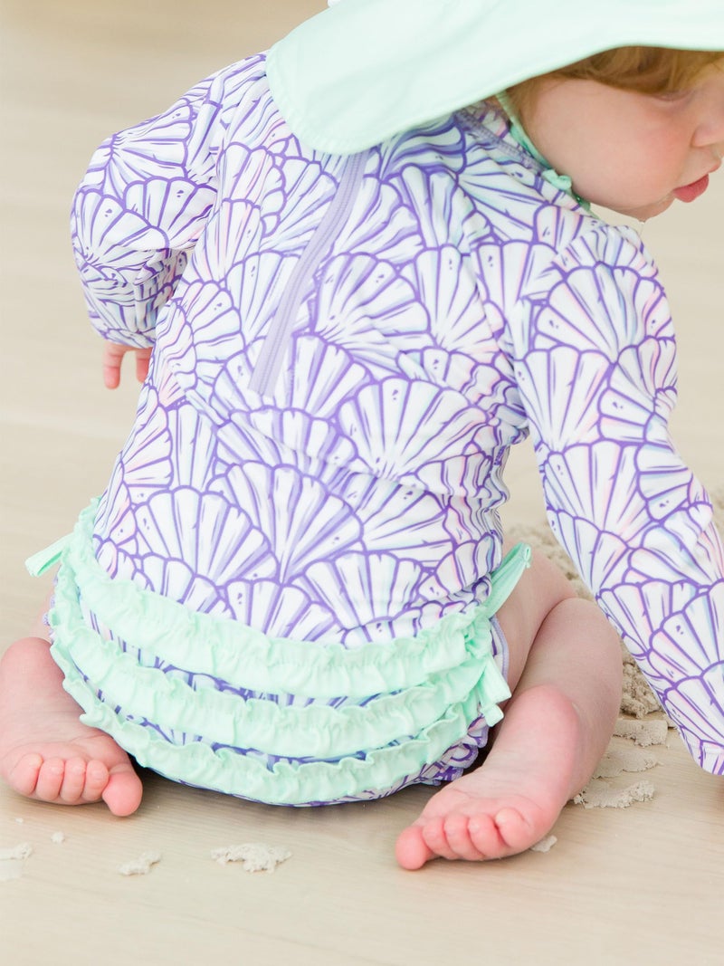 RuffleButts Baby Girls UPF 50+ Sun Protection Novelty Print Long Sleeve One Piece Rash Guard Swimsuit with Zipper - Magical Mermaid, 2T - Image 3