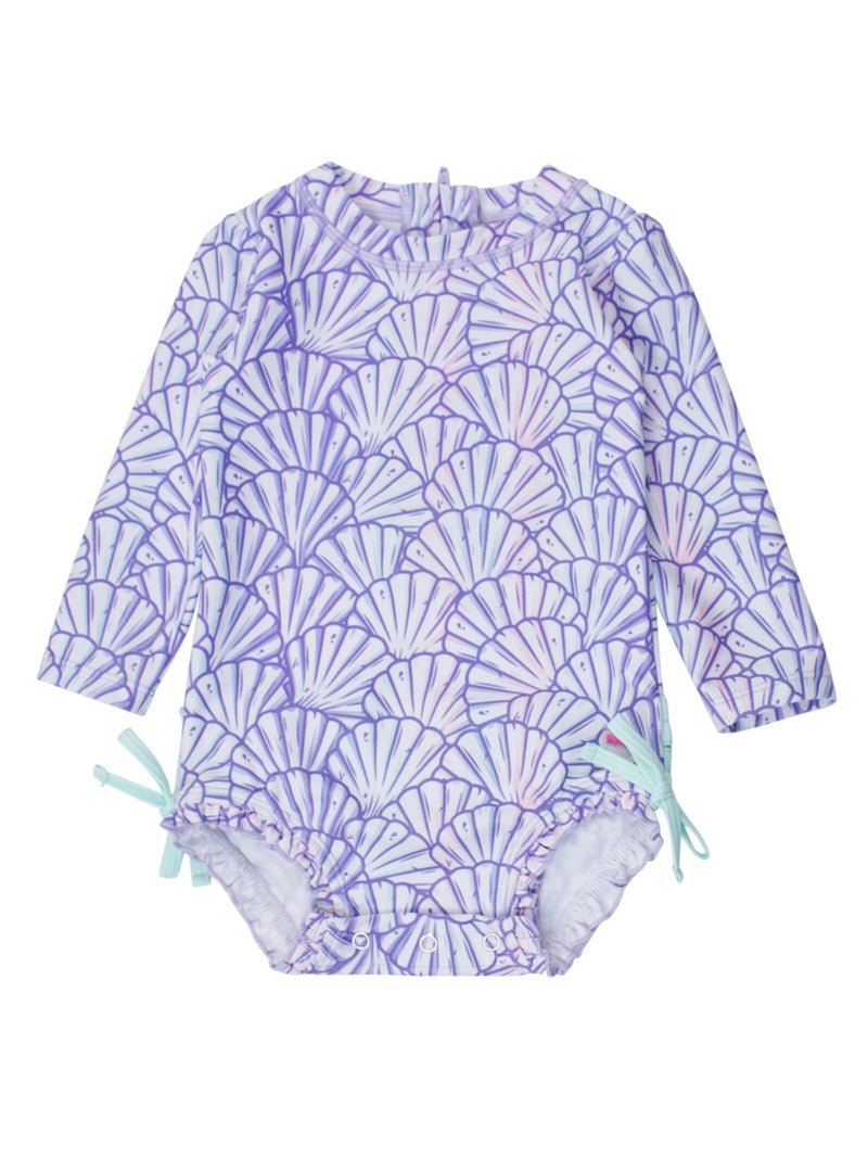 RuffleButts Baby Girls UPF 50+ Sun Protection Novelty Print Long Sleeve One Piece Rash Guard Swimsuit with Zipper - Magical Mermaid, 2T - Image 1