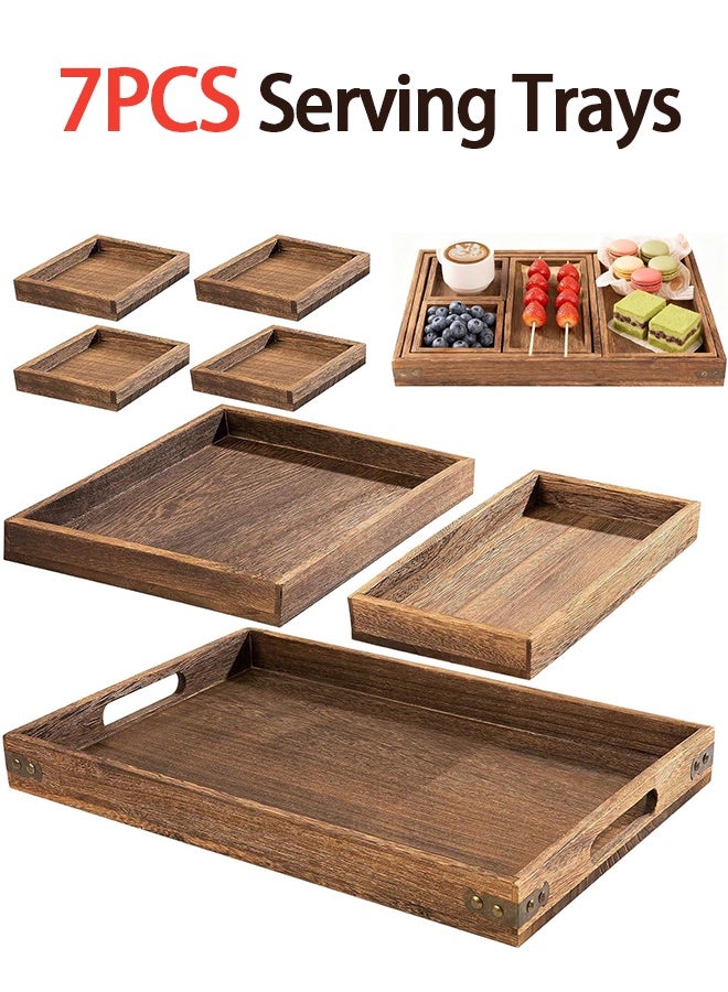 Warme 7PCS Rustic Carbonized Solid Wooden Serving Tray Set, Multipurpose Rectangular Platters with Cutout Handles, Reversible Cutting Board for Snacks, Coffee Table & Breakfast, Perfect for Home, Restaurant, Ramadan, Eid & Saudi National Day Gift - Image 1