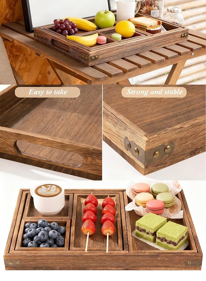 Warme 7PCS Rustic Carbonized Solid Wooden Serving Tray Set, Multipurpose Rectangular Platters with Cutout Handles, Reversible Cutting Board for Snacks, Coffee Table & Breakfast, Perfect for Home, Restaurant, Ramadan, Eid & Saudi National Day Gift - Image 2