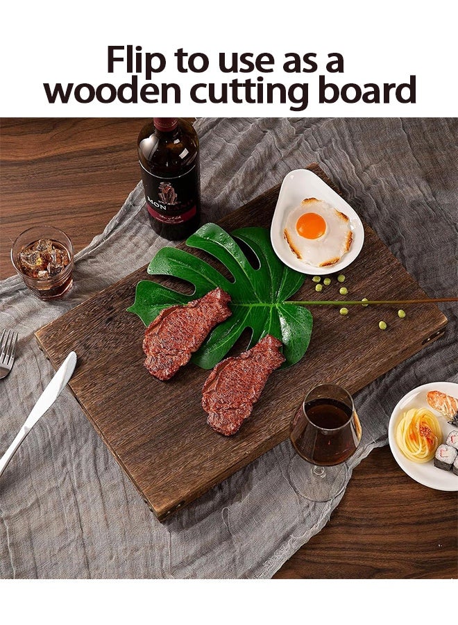 Warme 7PCS Rustic Carbonized Solid Wooden Serving Tray Set, Multipurpose Rectangular Platters with Cutout Handles, Reversible Cutting Board for Snacks, Coffee Table & Breakfast, Perfect for Home, Restaurant, Ramadan, Eid & Saudi National Day Gift - Image 3