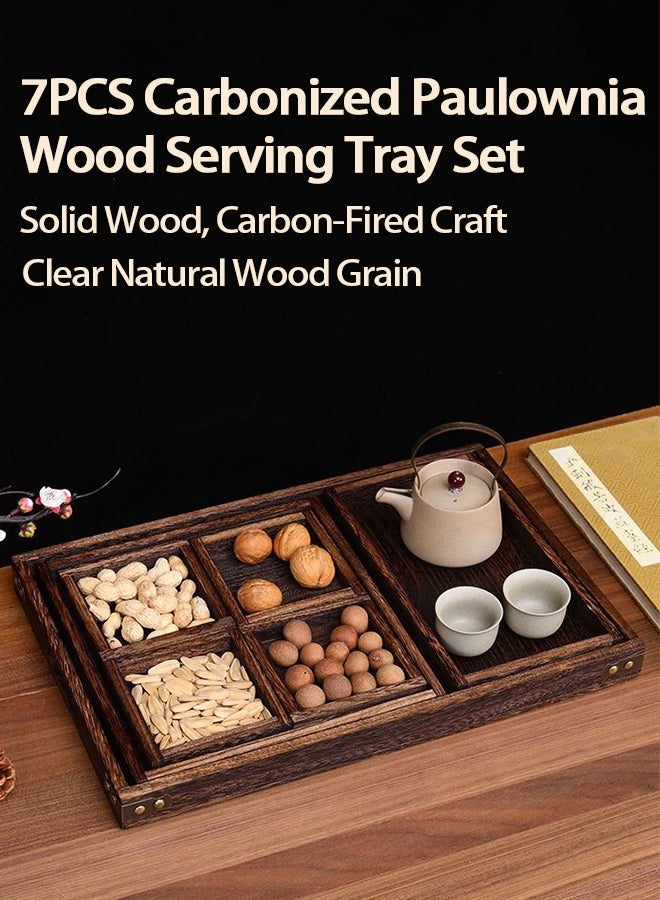 Warme 7PCS Rustic Carbonized Solid Wooden Serving Tray Set, Multipurpose Rectangular Platters with Cutout Handles, Reversible Cutting Board for Snacks, Coffee Table & Breakfast, Perfect for Home, Restaurant, Ramadan, Eid & Saudi National Day Gift - Image 5