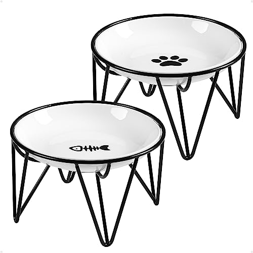 Kitwinney Ceramic Cat Bowls, 2 Pack - Raised, Whisker Friendly, Anti-Vomiting Cat Food Plates - Hygienic, Secure Material, Elegant Stand, 10 oz, for Indoor Cats & Kittens - Image 1