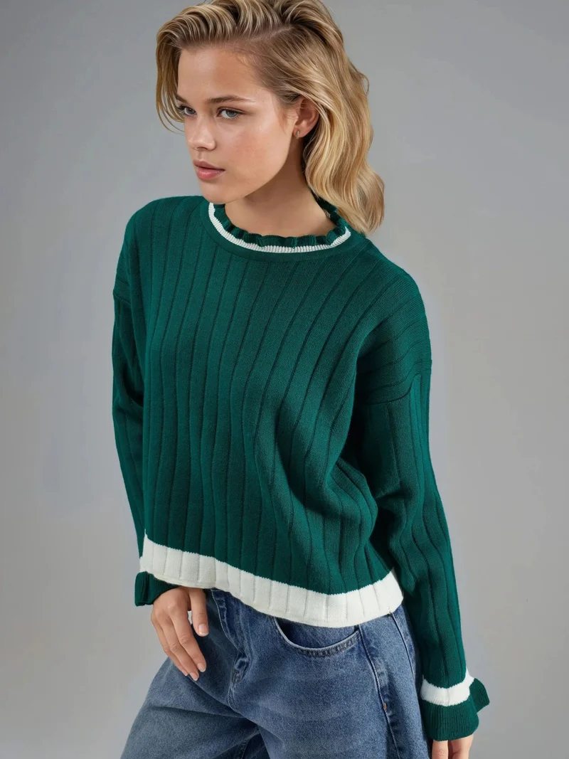 MY FASHION Striped Knit Sweater with Crew Neck
