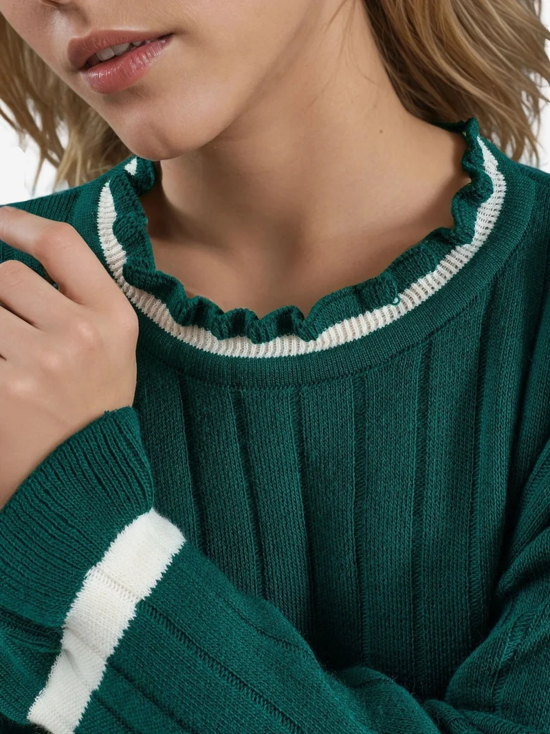 My Fashion Emerald Green MY FASHION Striped Knit Sweater with Crew Neck for Women | Best Price UAE
