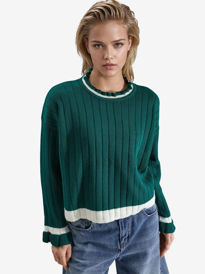 My Fashion Emerald Green MY FASHION Striped Knit Sweater with Crew Neck for Women | Best Price UAE